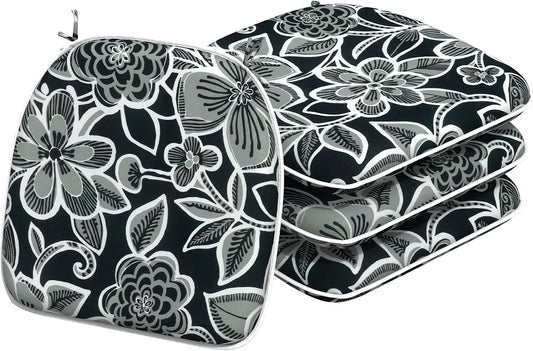 Indoor/Outdoor Chair Cushions 16x17 Inch, Patio Chair Cushions with Ties, All Weather Seat Cushions for Patio Furniture Home Garden Chair Use, Set of 4,Flower Black