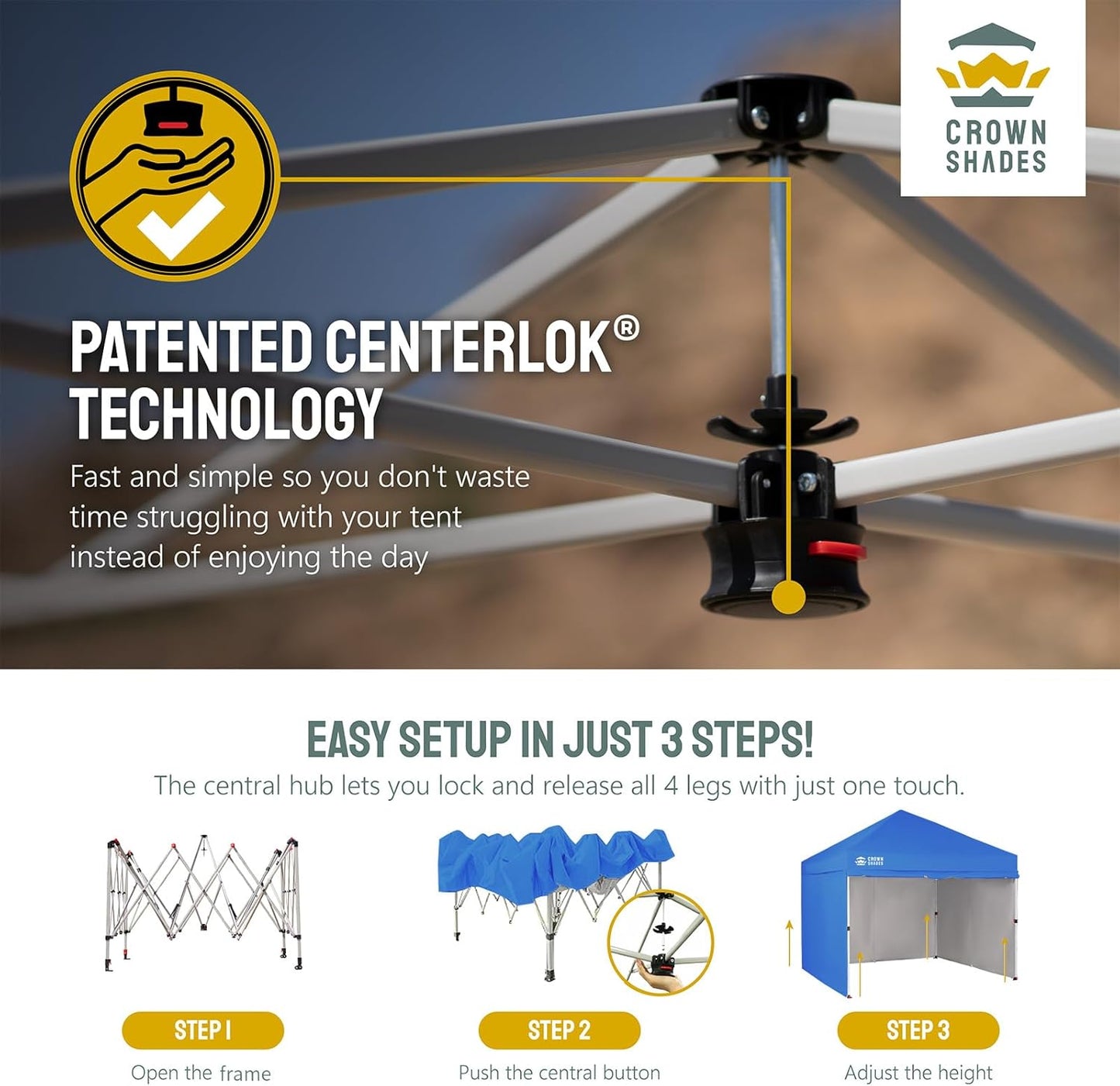 CROWN SHADES 10X10 Comercial Instant Canopy Pop Up Tent with Center Lock (10x10 with 4 Sidewalls, Blue)