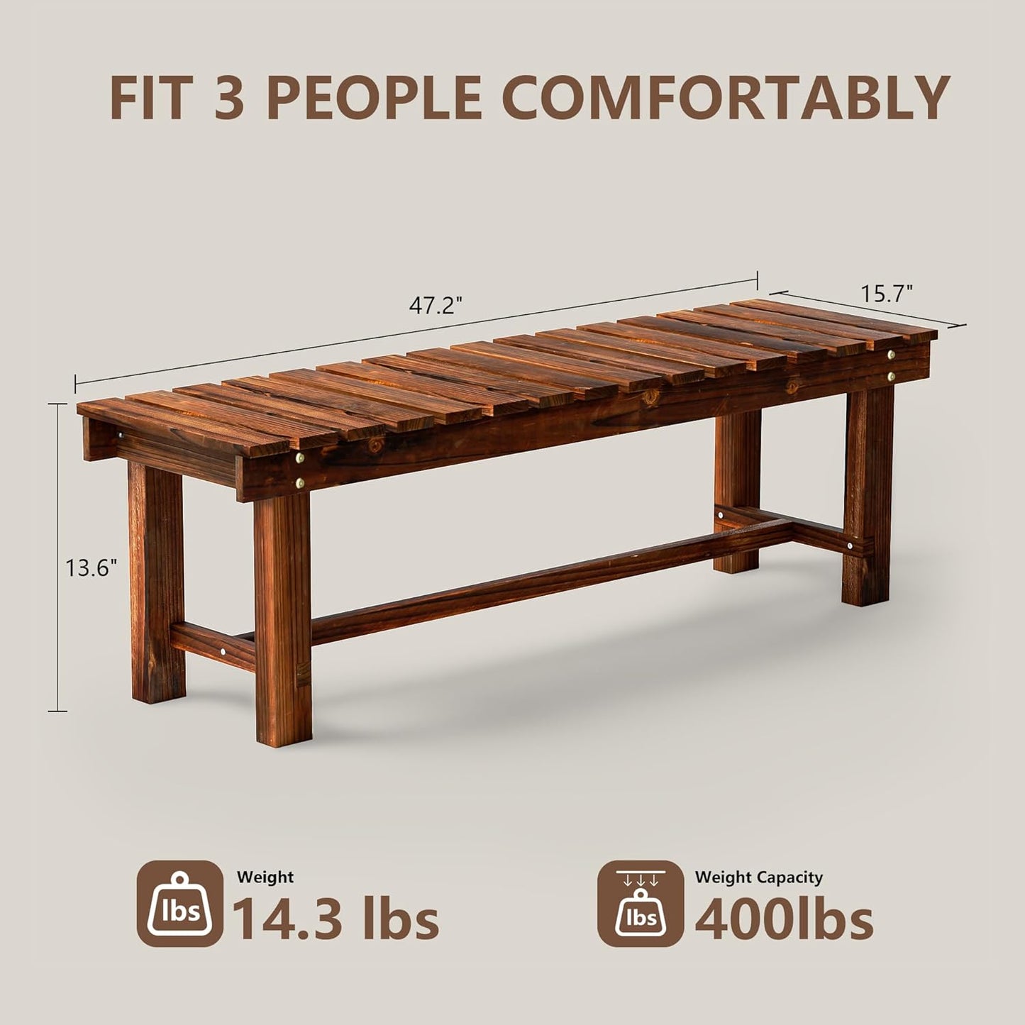 Outdoor Garden Bench, Weatherproof Patio Benches 3-Person Seat Backless Wooden Porch Bench, Multifunctional Slat All Weather Bench for Garden Lawn Porch Park Backyard (Carbonized Brown, 47.2 inch)