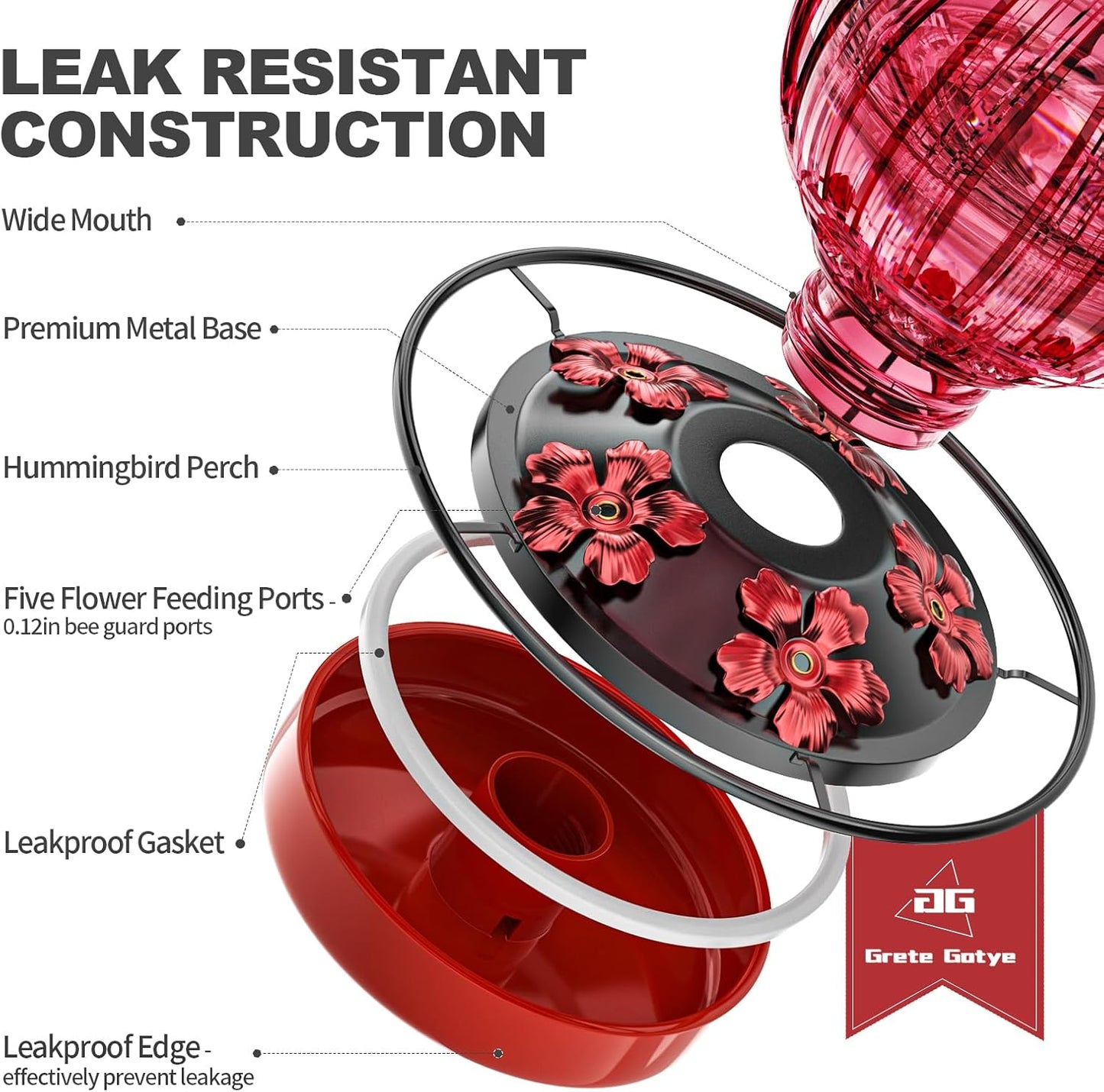 Glass Hummingbird Feeder for Outdoors Hanging, 26Oz Bird Nectar Feeder with Perch & 5 Flower Feeding Ports, Leak Proof for Outside Garden Decor Backyard, Gifts for Women Mom, Red