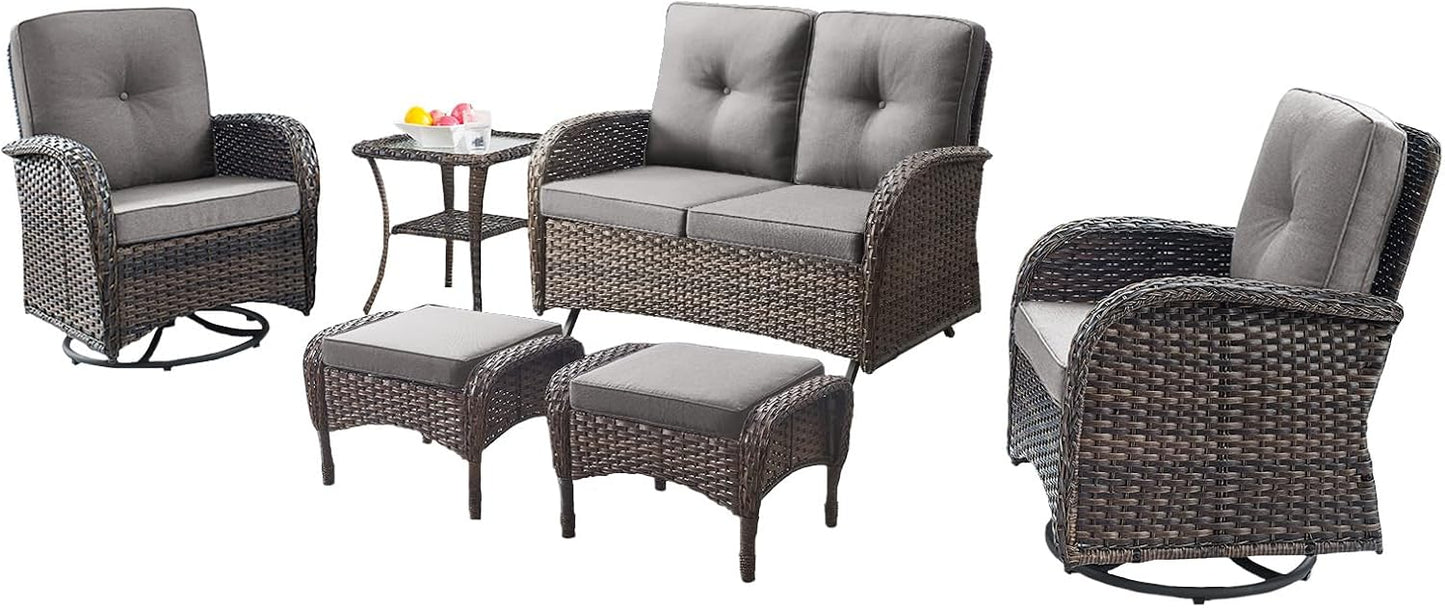 6 Piece Patio Conversation Sets - Wicker Patio Furniture Sets with Outdoor Swivel Rocker Chairs, Glider Loveseat Perfect for Patio Deck Backyard, Brown Wicker Grey Cushion