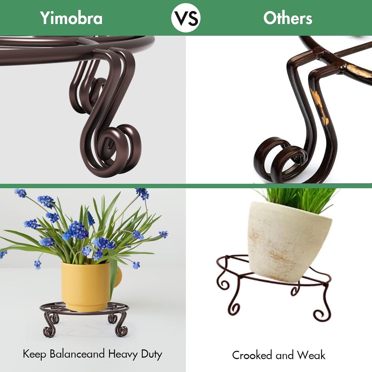 Yimobra 4 Pack Plant Stand for Flower Pot Heavy Duty Potted Holder Indoor Outdoor Metal Rustproof Iron Garden Container Round Supports Rack for Planter (4PC Brown 11.8 x 3.1IN)