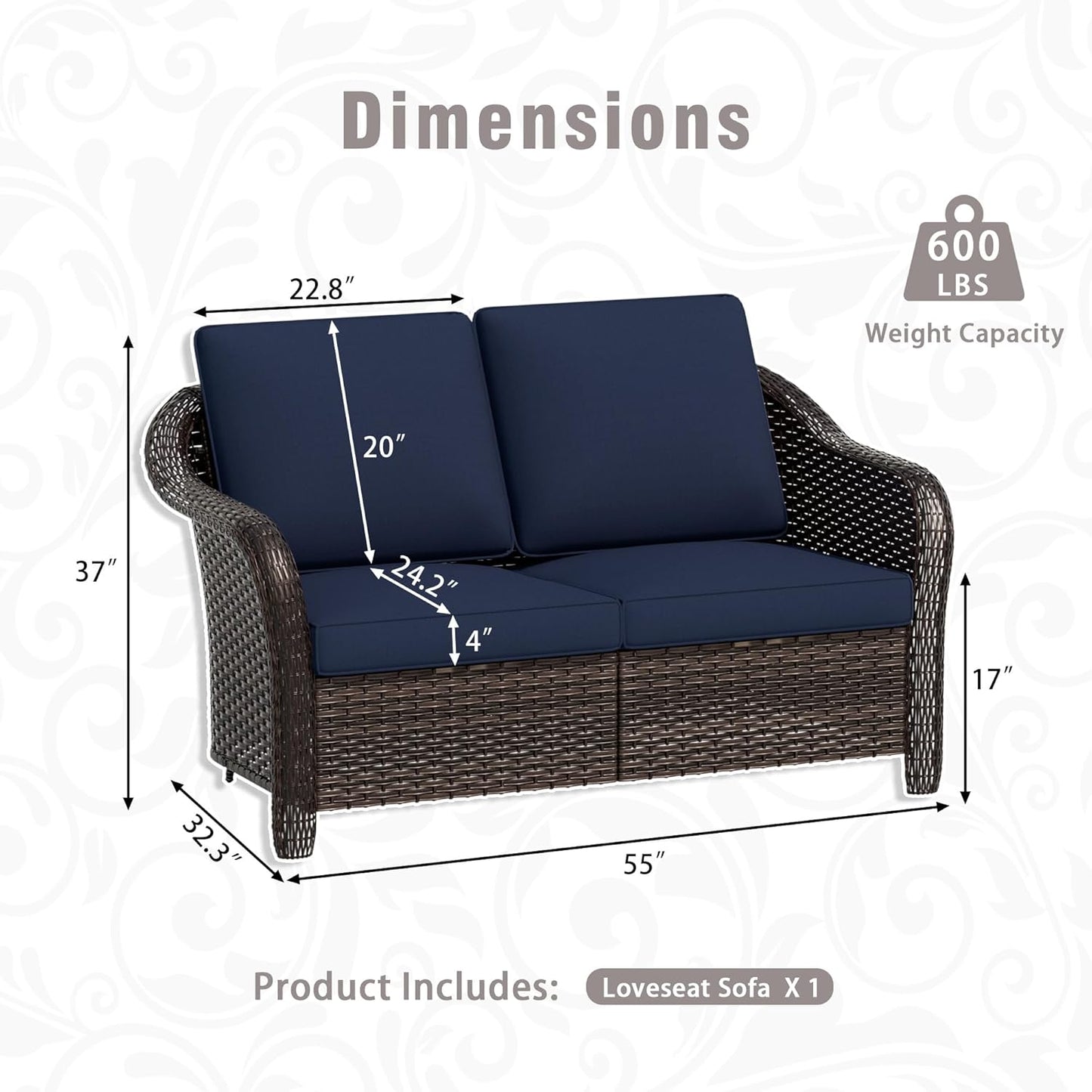 55 inch Outdoor Wicker 2 Seater Sofa, All-Weather Use Patio Rattan Loveseat with Seat and Back Cushion, Ideal for Porch, Backyard, Balcony, Poolside, Blue