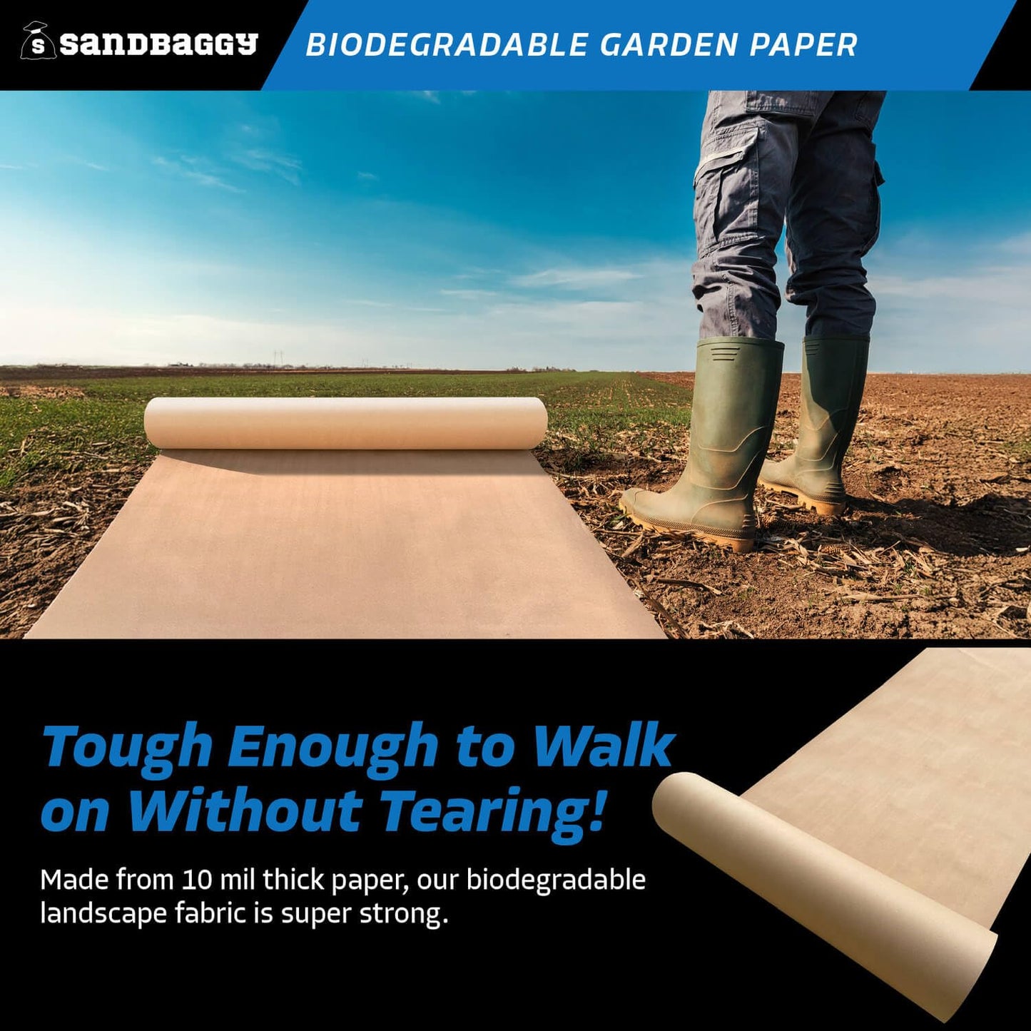 Sandbaggy Biodegradable Landscape Fabric - Garden Paper for Weeds - Paper Mulch Rolls - Made in America (3 ft x 50 ft, 1)