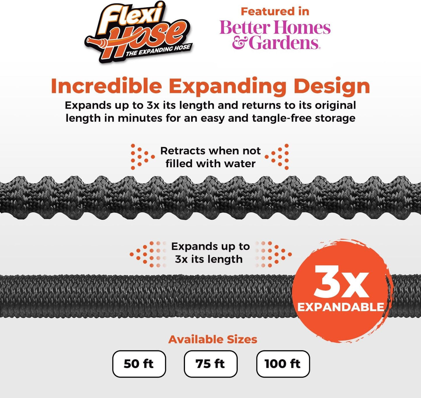 Flexi Hose Lightweight Expandable Garden Hose, No-Kink Flexibility, 3/4 Inch Solid Brass Fittings and Double Latex Core (75 FT, Black)