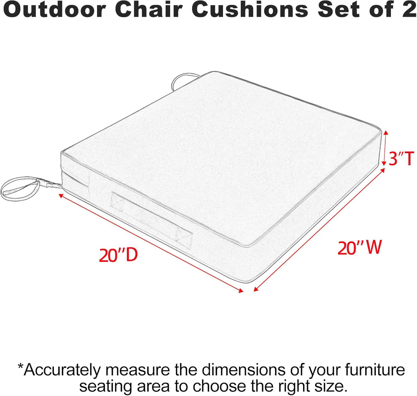 Favoyard Patio Chair Cushions 20 x 20 x 3 Inch Waterproof Outdoor Seat Cushions for Patio Furniture 3-Year Color Fastness Garden Sofa Couch Pads with Handle & Adjustable Straps Set of 2, Blue