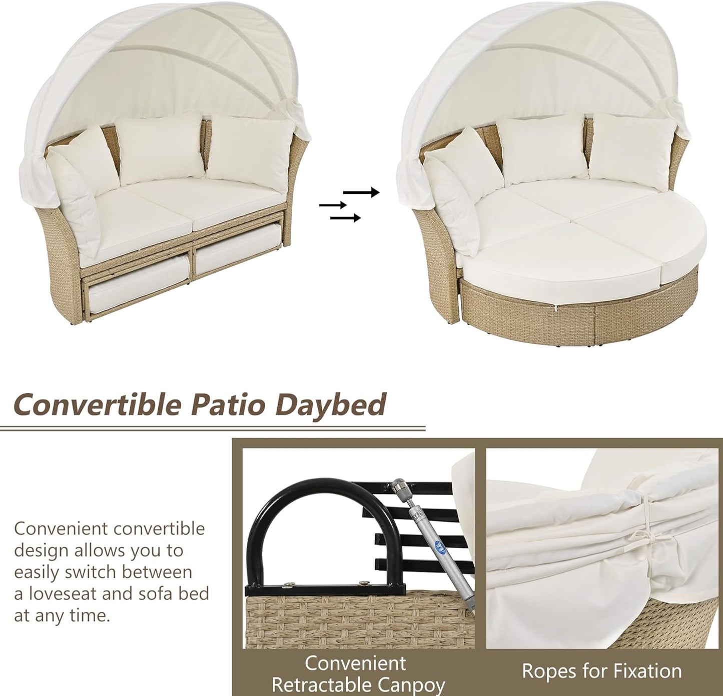kevinplus Round Outdoor Daybed Patio Sunbed, Convertible Wicker Rattan Outdoor Daybed Sunbed with Retractable Canopy for Garden Backyard Porch Poolside, Beige