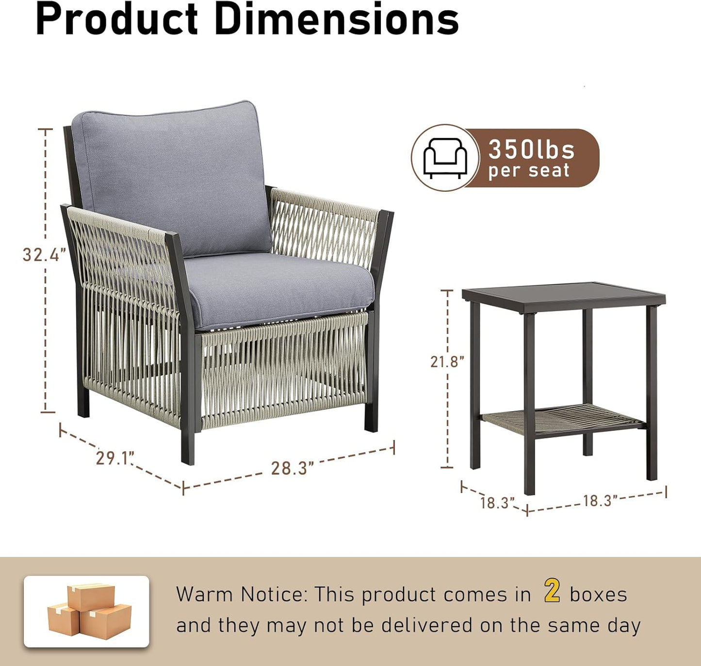 Patio Furniture Wicker Outdoor Conversation Set, 3-Piece All Weather Patio Furniture Rattan Rocking Sets with Removable Cushions & Side Table for Backyard, Balcony and Deck, Dark Grey