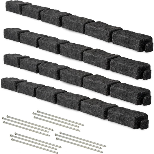 Beuta Landscape Edging | Garden Edging Border | Faux Stone Bricks for Lawn edging, Flower beds, Pathways & Yard Edging– 4 Packs | Each Section Has 6 Bricks 48"L x 4"W x 2.25"H | 12 Spikes |Charcoal