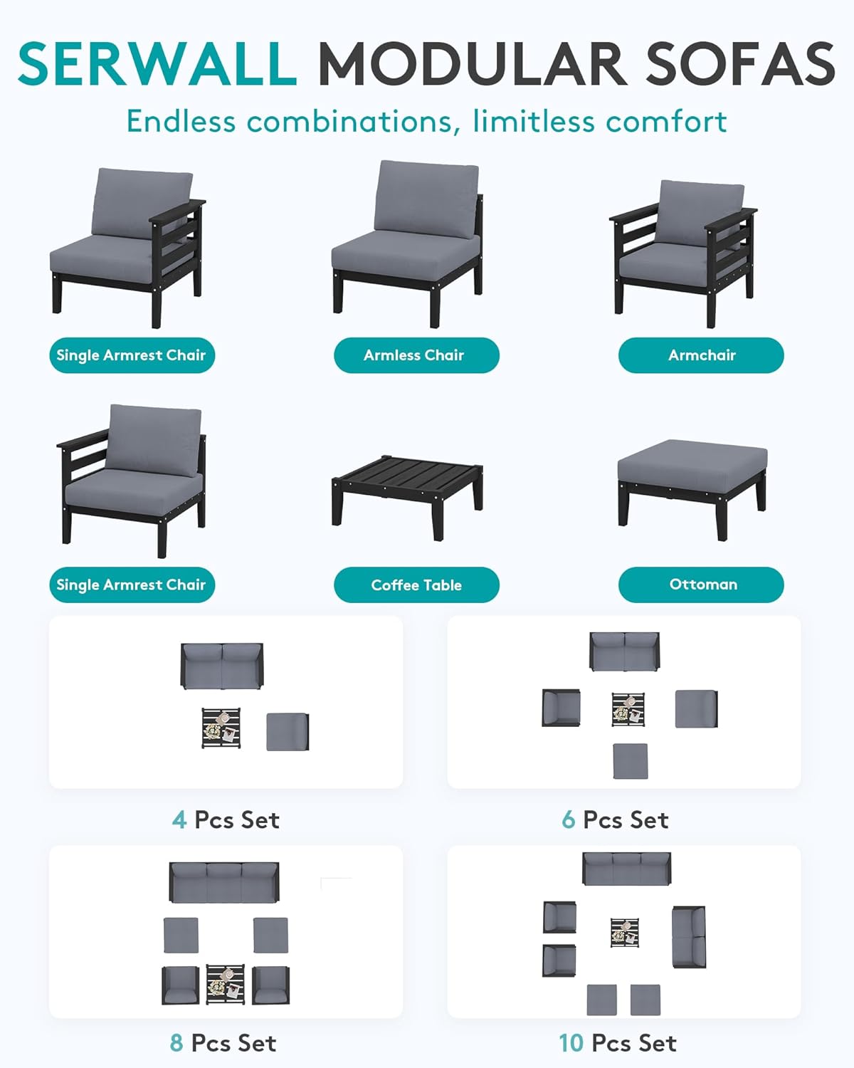 SERWALL HDPE Patio Furniture Set, 10 Pieces Outdoor Sectional Sofa Set, All-Weather Wood-Like Outdoor Sofa Couch with Coffee Table for Deck, Lawn, Black Frame with Grey Cushion