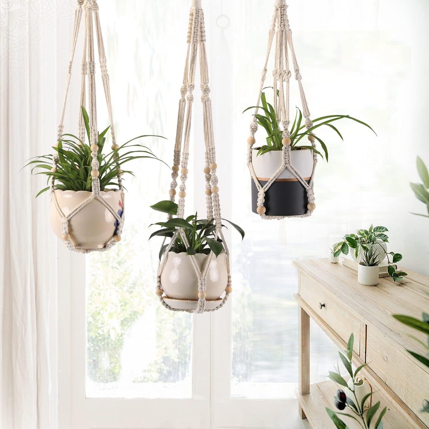 3-Pack Macrame Plant Hanger Indoor - Hanging Planter Basket for Indoor Outdoor - Decorative Boho Plant Holders Set with Beads - Ceiling Flower Pot Holder with 6 Hooks - 35"/30"/24" White