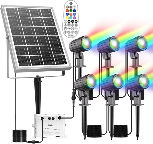 CLY Solar 6 in 1 RGB Spotlights Outdoor Garden, 10 Colors 12 Modes Solar Garden Floodlight Landscape Spotlights IP66 Waterproof 59.06ft Cable Spike Light for Lawn, Patio, Balcony