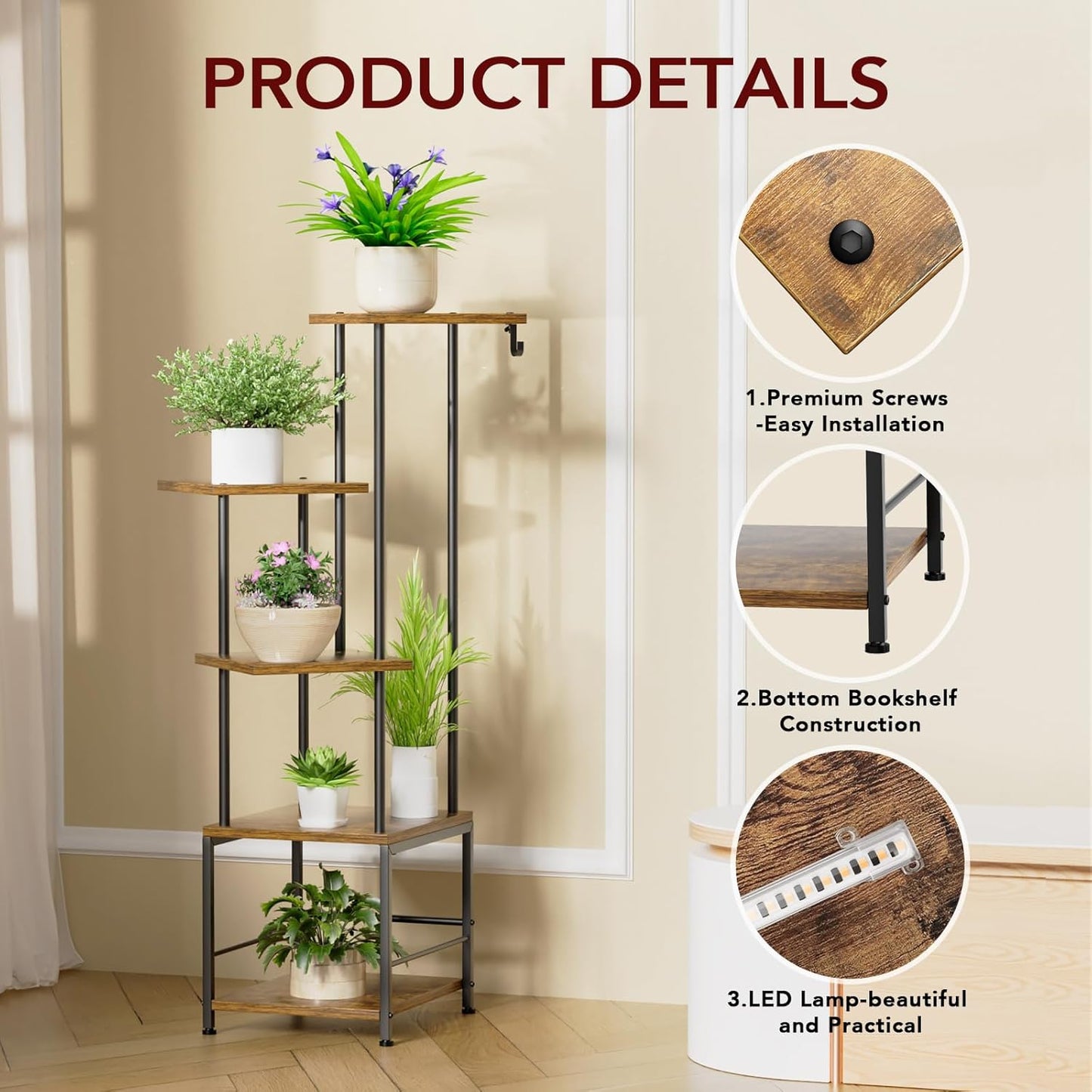 Plant Stand Indoor with Grow Light, 5-Tiered Tall Plant Stand Indoor, Metal Plant Shelf with Hanging Basket Hook and Adjustable Light, Ideal for Living Room, Garden, Patio (Black Brown)