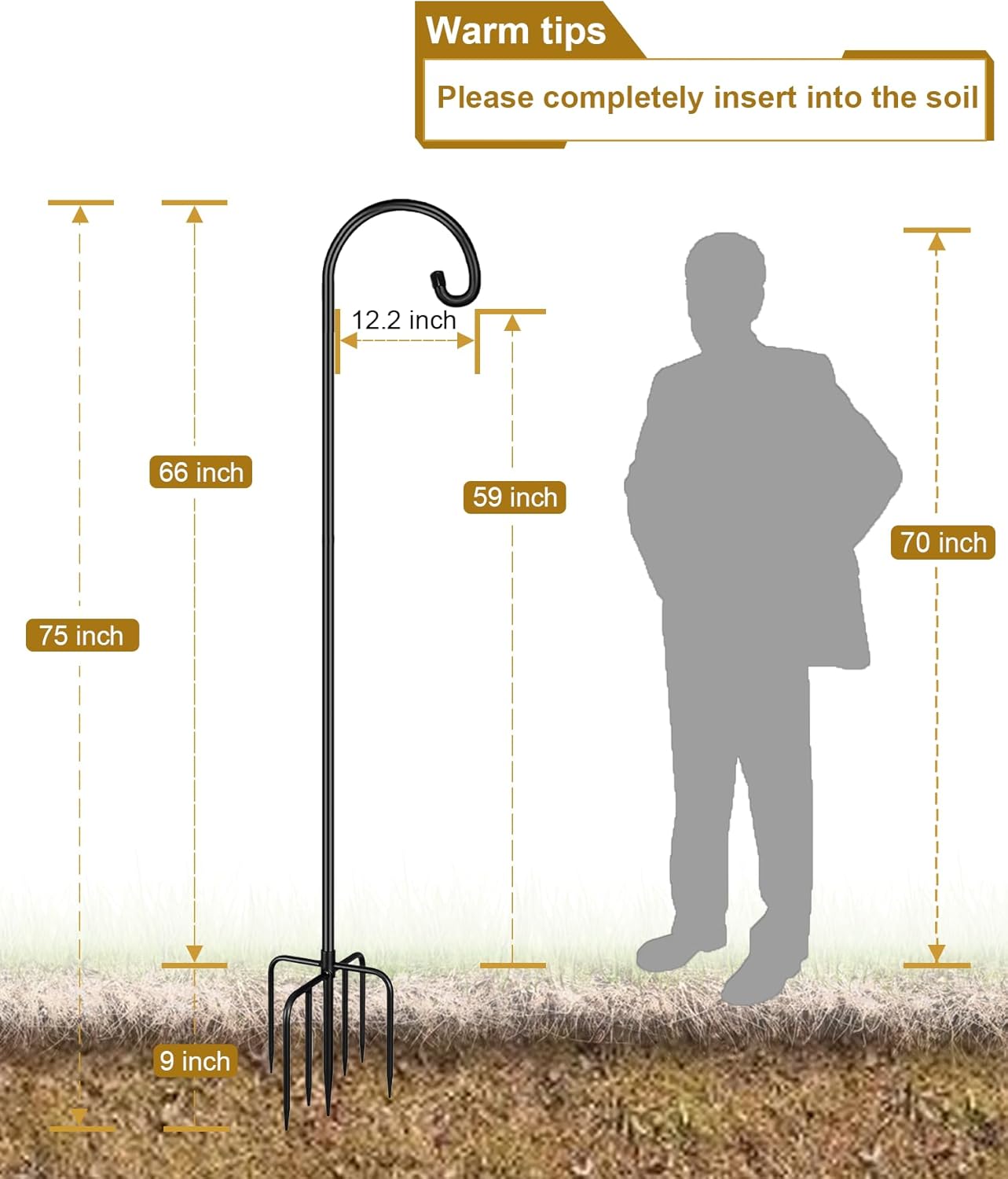 Shepherd Hook 75 Inch Tall Heavy-Duty Metal Garden Hanging Pole Stake for Bird Feeder Pole Plant Baskets, Black (1 Pack)