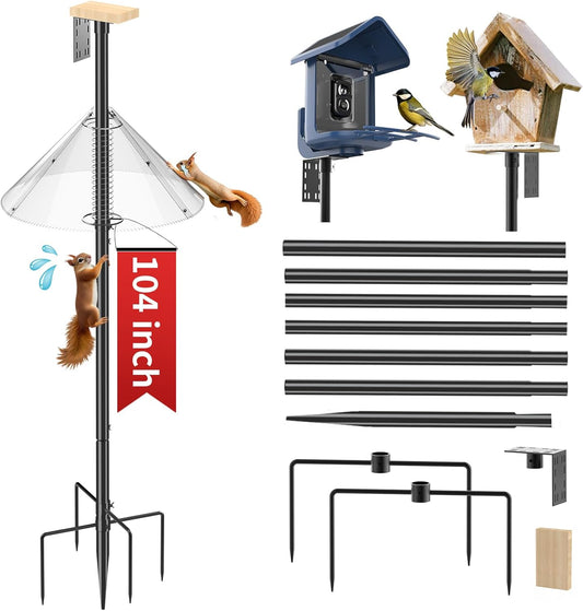 Bird Feeder Pole with Squirrel Baffle - 104 Inch Bird House Pole for Outdoors Heavy Duty, Squirrel Proof Baffle with Stainless Steel Spring for Better Defense, Slip-Fit Connection