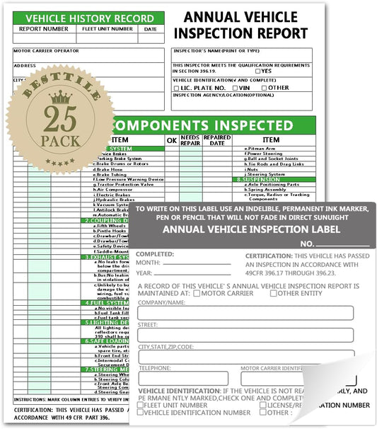 Annual Vehicle Inspection Report Form Dot Annual Inspection Forms and Stickers, 25-pk 3-Ply Carbonless Adhesive Vinyl Label 2-Ply, Driver Vehicle Inspection Report Book for Truck Drivers