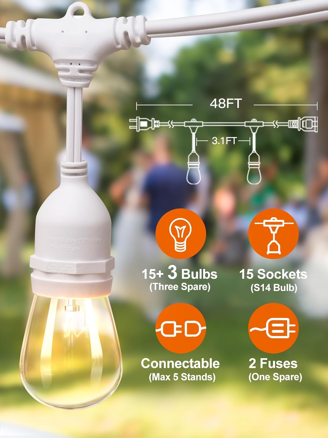 addlon 48 FT Outdoor String Lights Commercial Grade Weatherproof, 18 Edison Vintage Bulbs, 15 Hanging Socketsand 3 Spare Bulbs, ETL Listed Decorative Cafe Patio Lights for Bistro Garden, White