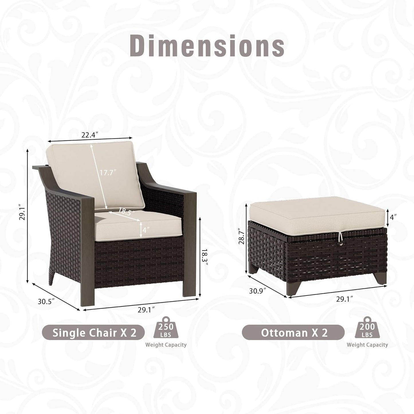 4 Piece Wicker Patio Conversation Set, All-Weather Use Outdoor 2 PE Rattan Chair, 2 Ottoman, Removable Water-Resistant Cushion, Ideal for Porch, Backyard, Balcony, Poolside, Beige