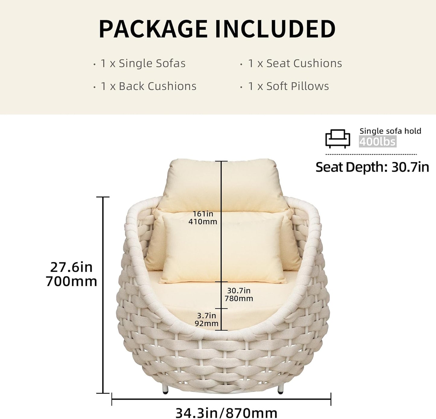 TWT Patio Sofa Set of 2, All-Weather Olefin Rope Balcony Furniture with Cushions & Pillows, Patio Couch Outdoor Patio Furniture Set for Indoor, Balcony, Backyard, Deck, Poolside, Cream