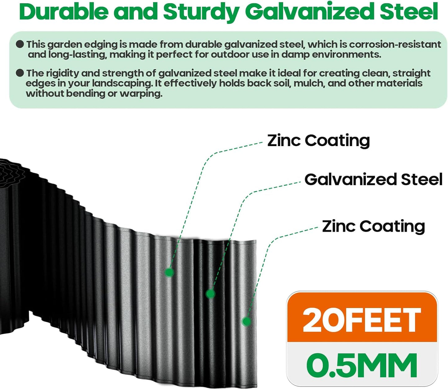 Corrugated Metal Garden Edging, Sturdy Tall Landscape Edging Borders, Perfect DIY for Flower Beds, Lawn and Pathway, Tree Surrounds, Paver Edges (Black, 6"×20FT)