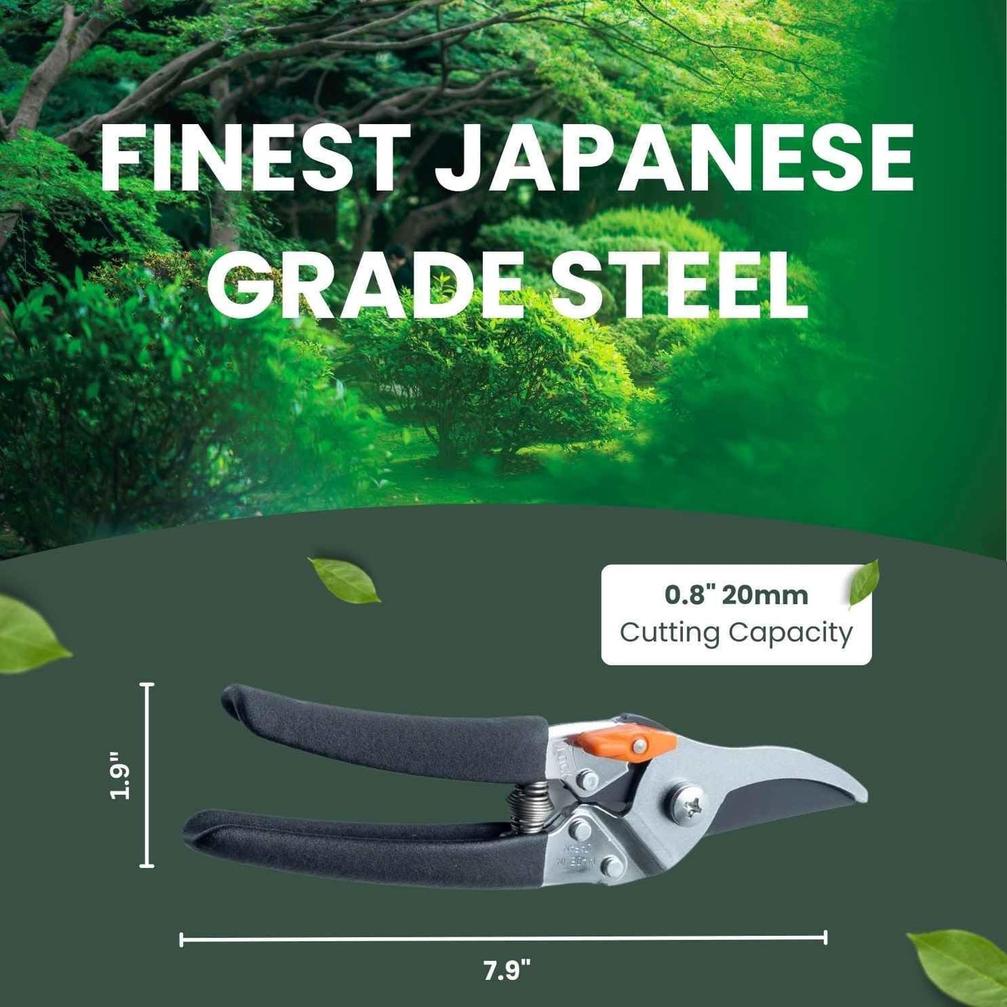 Saboten Japan 7.9" Japanese Pruning Shears - Premium Steel Blades, Rust-Resistant Fluorine Coating, Ergonomic Grip, Duracon Safety Lock - forest Originals, Made in Japan, Gardening & Farming Scissors