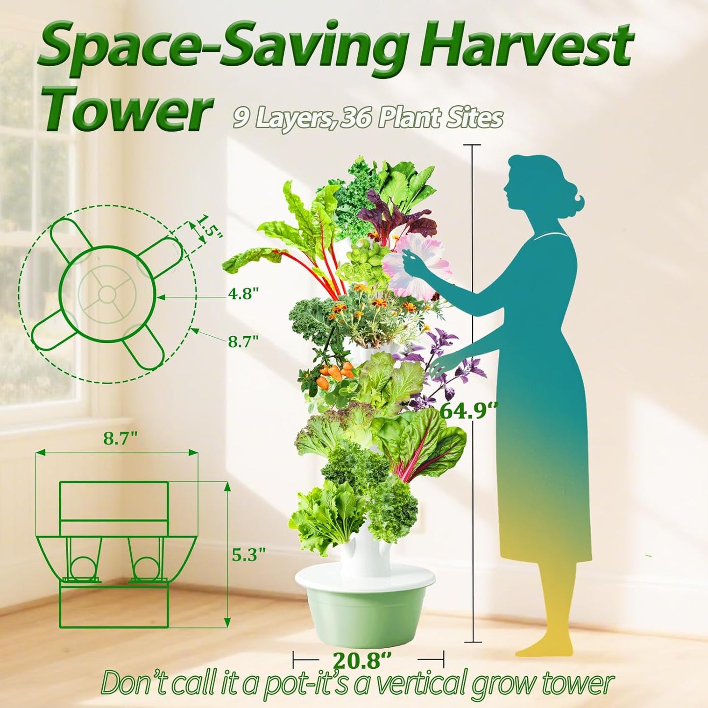 Tall Hydroponics Growing System Tower, 9 Layers 36 Plant Spots Hydroponics Growing System Kit Tower, Vertical Hydroponic Tower for Indoor & Outdoor, Space-Saving