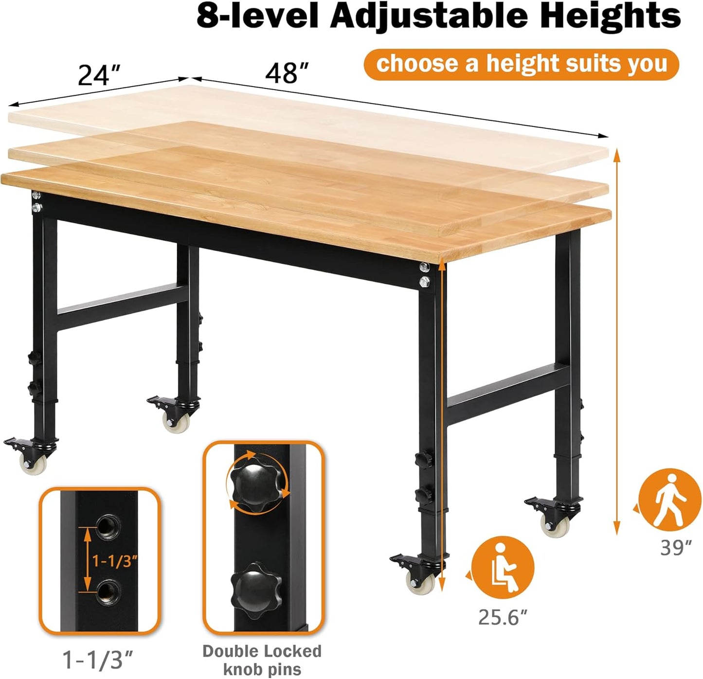 48" Heavy-Duty Adjustable Workbench for Garage, Rubber Wood Shop Table W/Metal Wheels, Hardwood Workstation Weight Capacity Over 2000 Lbs with Wheels