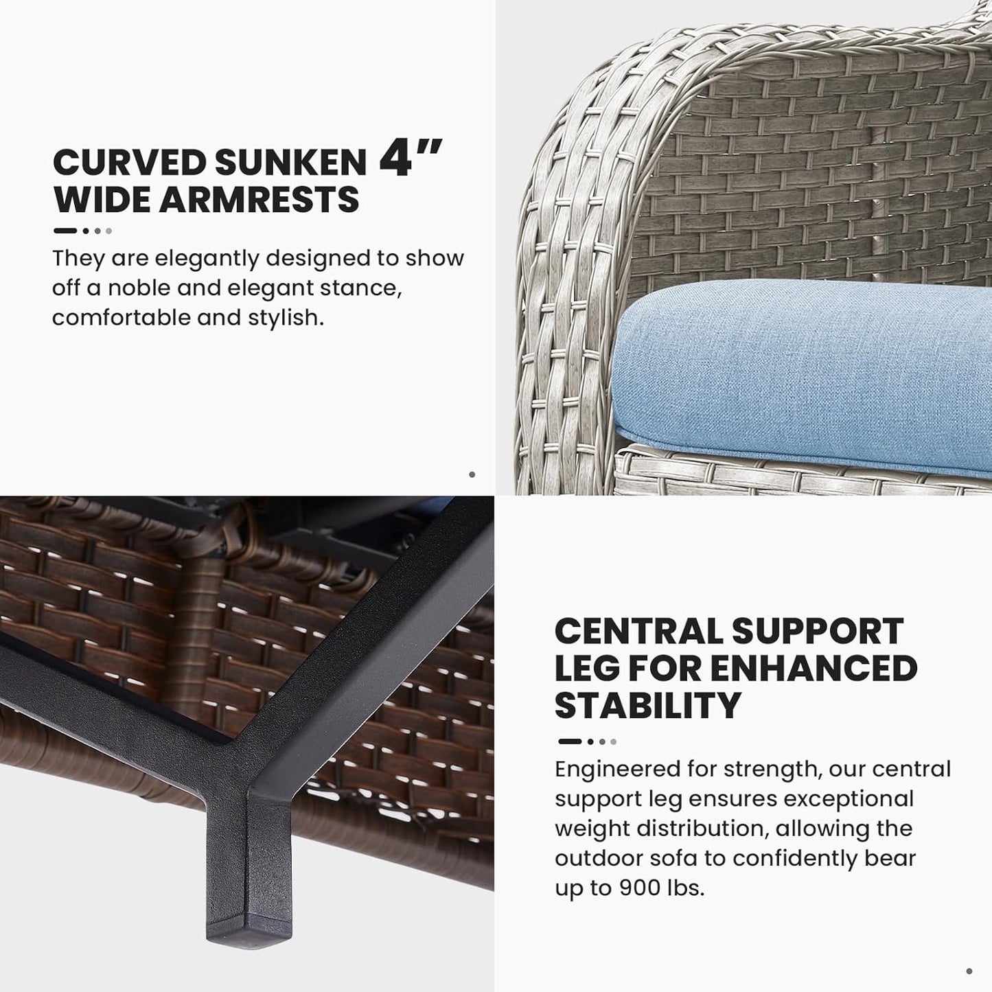 Outdoor Sofa Couch Wicker Furniture 3-Seater Rattan Sofa Patio Furniture Set with Washable 4“ Baby Blue Cushions