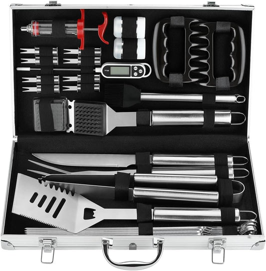 POLIGO 26PC Exclusive BBQ Grill Accessories in Aluminum Case for Birthday Christmas Grilling Gifts - Premium Grill Utensils Set with Barbecue Claws, Meat Injector, Thermometer for Smoker, Camping BBQ