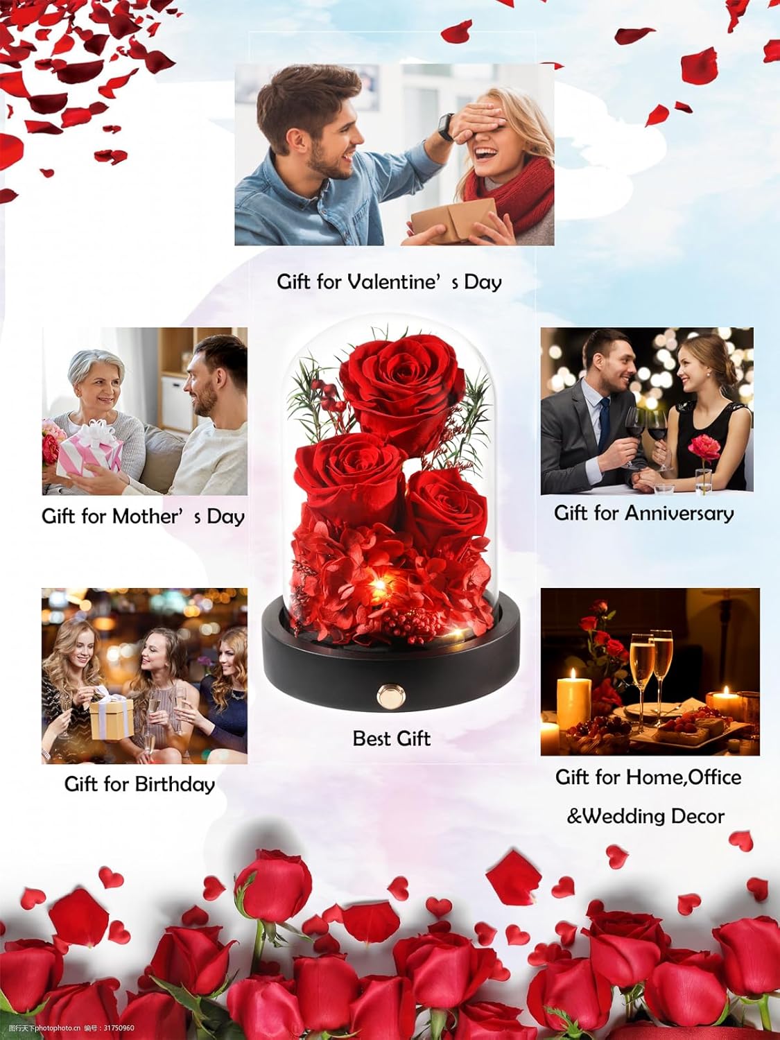 Flowers Forever for Delivery, Preserved Rose in Glass Dome with LED Gifts for Her, Forever Flower for Women on Valentines Day, Mothers Day, Anniverysary, Birthday, Red