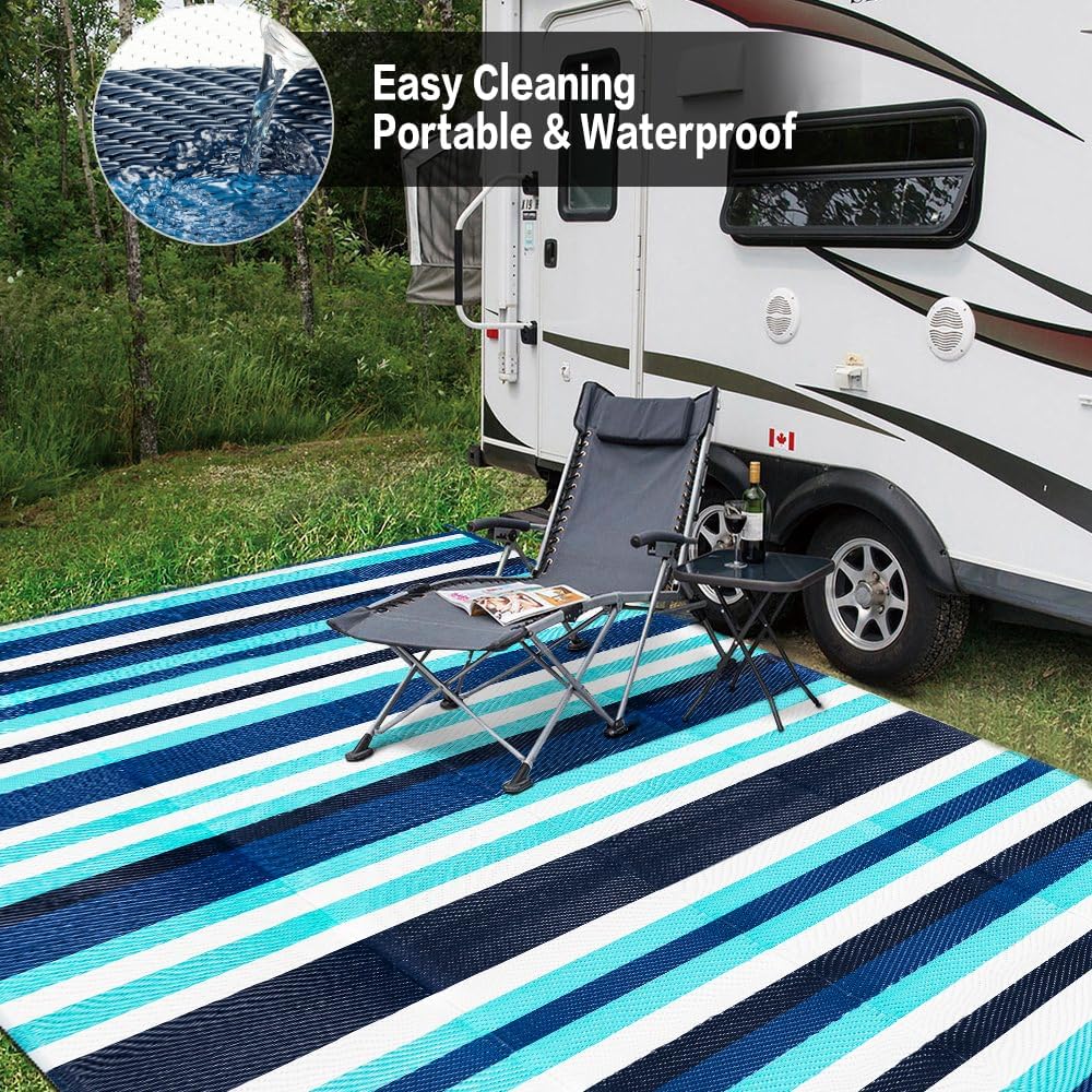 Outdoor Waterproof Rug 8'x10' Plastic Straw Rugs Washable Reversible Floor Mat Blue Stripe Carpet for Camping RV Deck Entryance Porch Picnic Balcony Beach Backyard