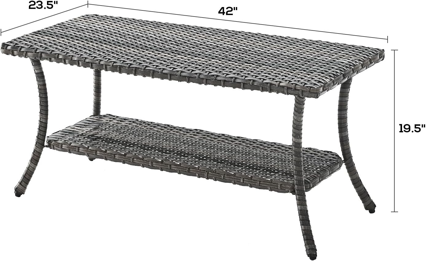 Patio Tables Outdoor Coffee Table - Wicker Rattan Coffee Tables with 2-Tier Storage Shelf Side Table for Porch Deck Balcony Garden Outside Rectangle Mixed Grey