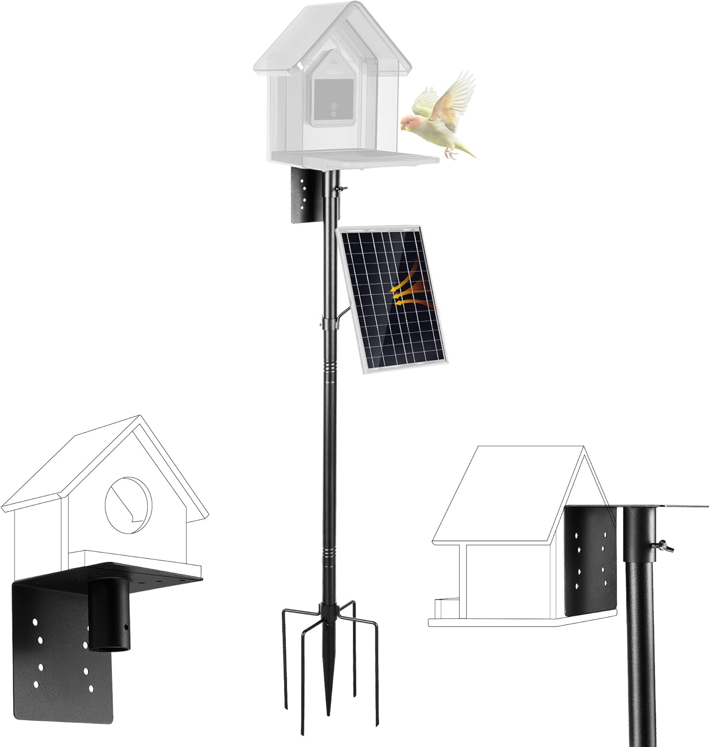 Bird House Pole Kit, Heavy-Duty Adjustable Pole for Outdoors with 5 Prongs Base,Metal Universal Support Pole for Bird Feeders,Solar Pannel,Black