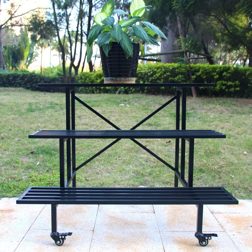 Zhongma Moving Garden Cart 3 Tier Sturdy Metal Plant Stand Heavy Duty Plant holder Garden Plant Shelf with Wheels
