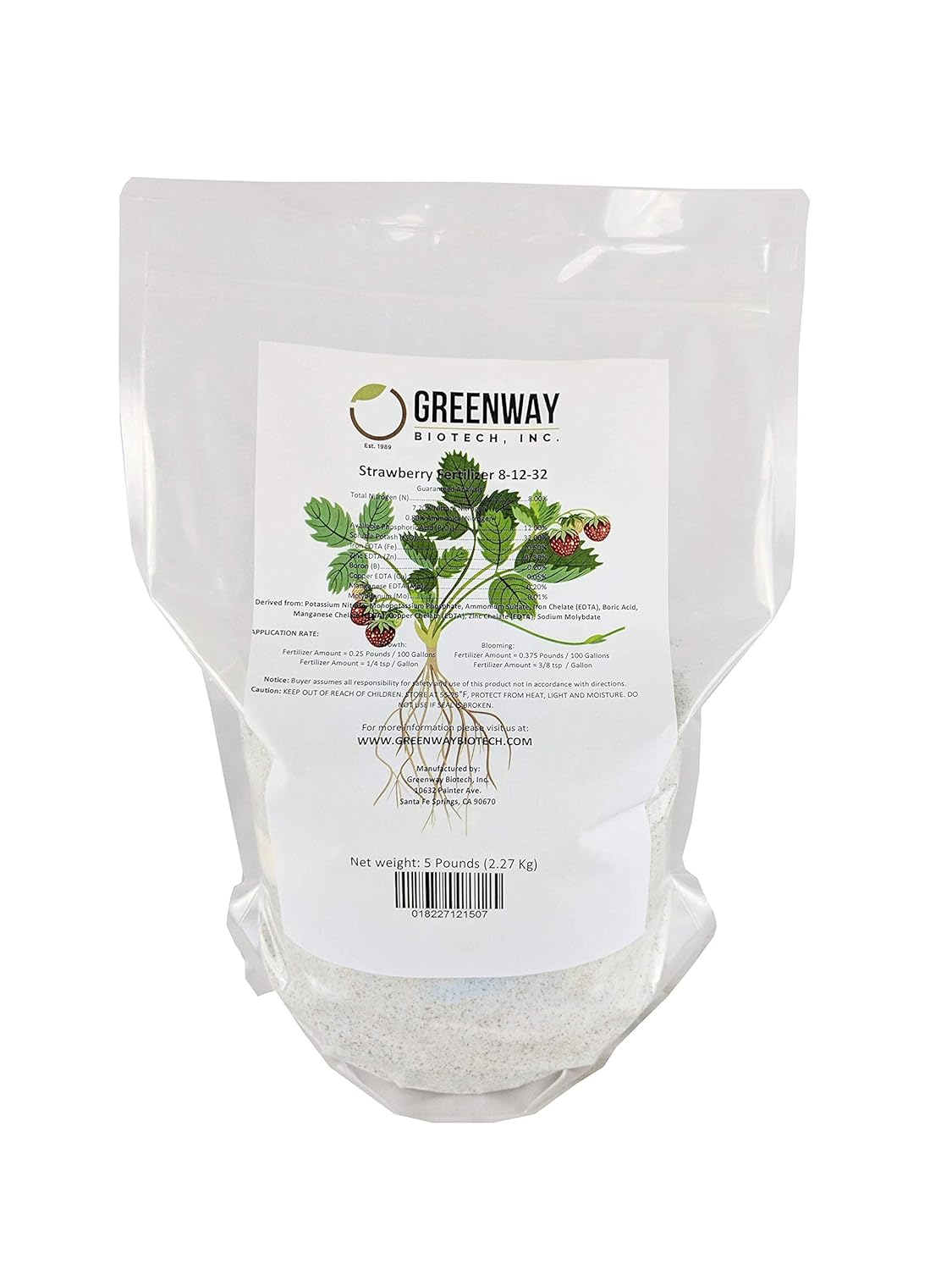 Greenway Biotech Strawberry 8-12-32 Fertilizer Powder 100% Water Soluble Plus Trace Minerals- Includes Essential Chelated Micronutrients for Tasty Fruits (5 Pounds 1000 Gallons)