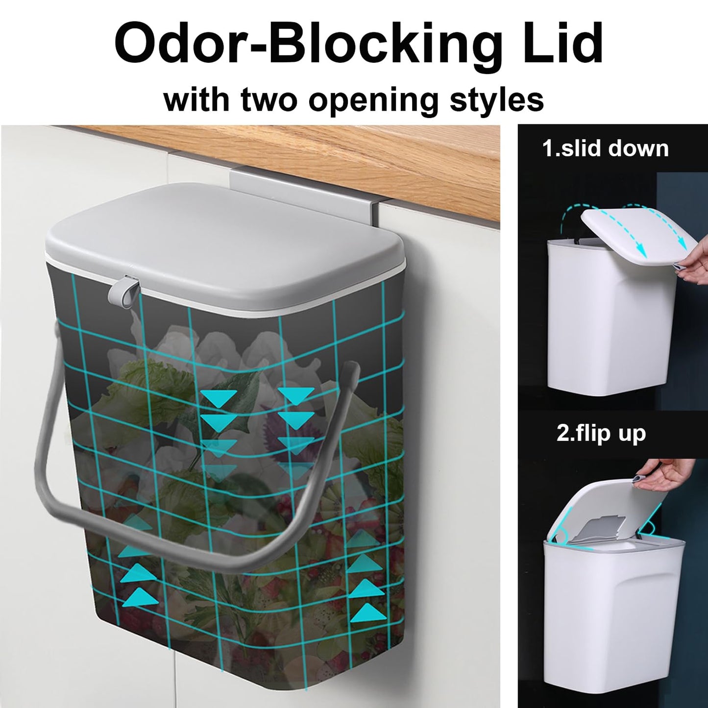 LALASTAR Kitchen Compost Bin for Countertop or Under Sink, Hanging Small Trash Can with Lid for RV/Office/Bedroom/Dorm, Mountable Indoor Compost Bucket, 9L/2.4 Gal, Grey