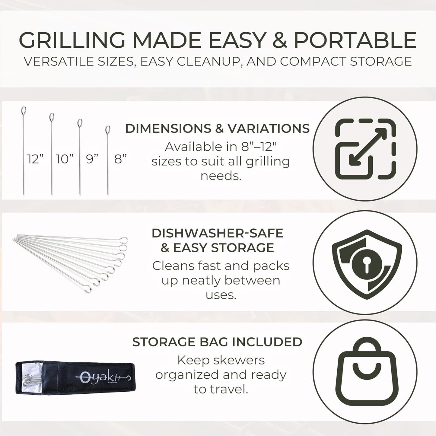 O-Yaki Flat Metal Kabob Skewer for Grilling – Set of 8 BBQ Skewers Stainless Steel with Storage Bag, Dishwasher Safe Skewers with Hook Handle & Sharp Tip for BBQ, Cookouts & Oven Use – 12 Inch