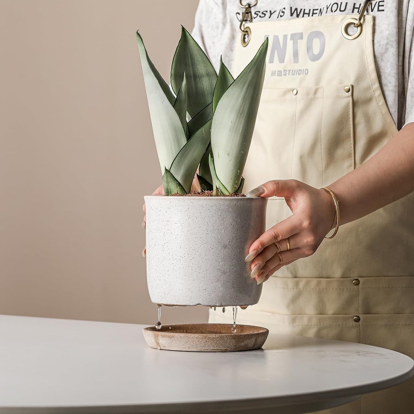 5.8 Inch Plant Pot: Ceramic Planter with Drainage Hole & Saucer - Cylinder Round Flowerpot for Indoor & Outdoor Plants - with Separate Tray for Home & Office - Retro Style, Grey