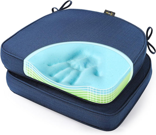 SUNROX Gel Memory Foam Chair Cushions, FadeShield Water-, Stain-Resistant Durable Reversible Seat Cushion Pads with Ties for Indoor/Outdoor Kitchen Dining Office 17"x16" Set of 2, Navy