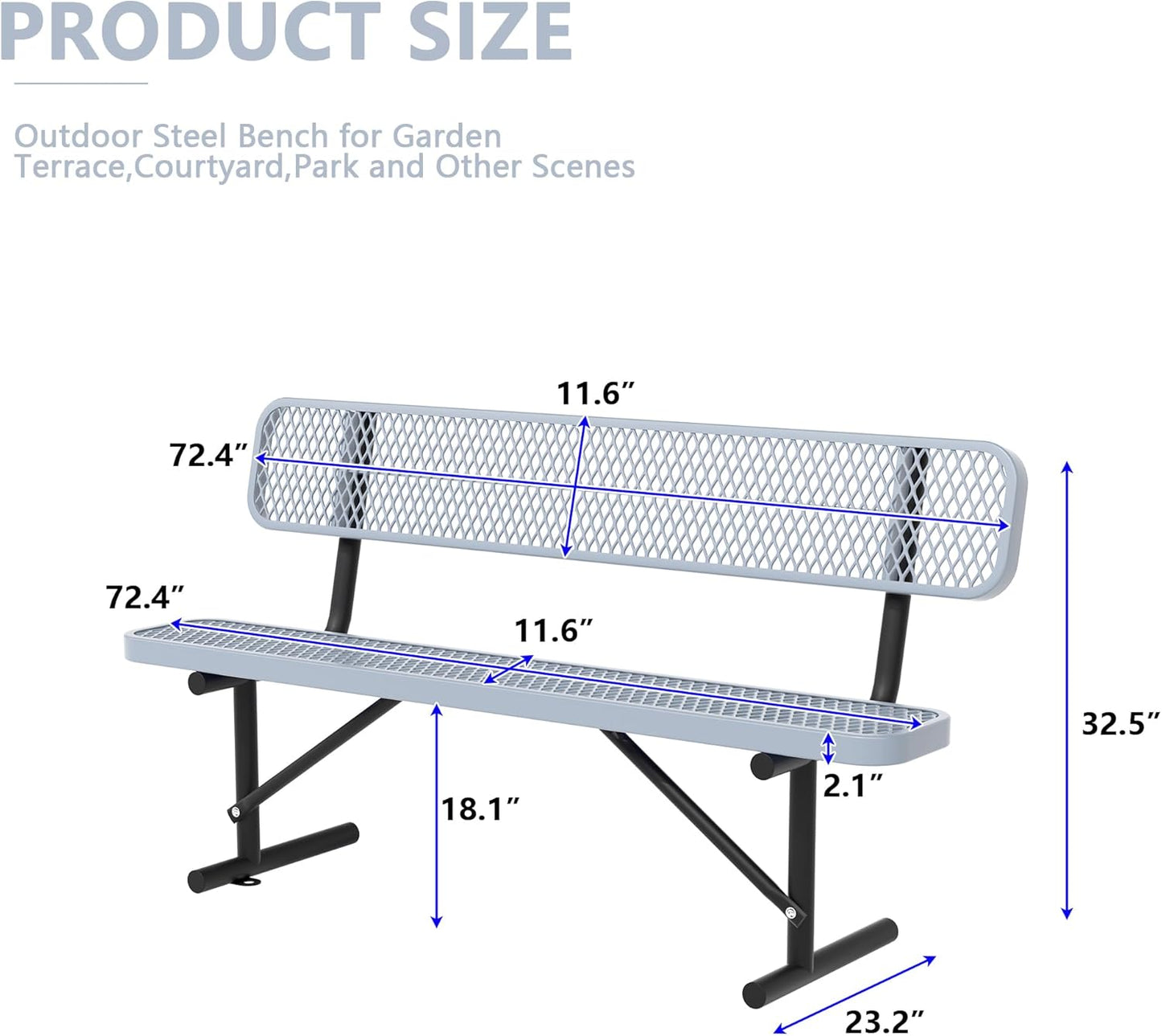 6FT Benches for Outside, Heavy-Duty Outdoor Garden Bench W/Back, Metal Park Bench for Sitting Area, Commercial Bench for Patio Porch Backyard School Sports Church Locker Room Shopping Centers