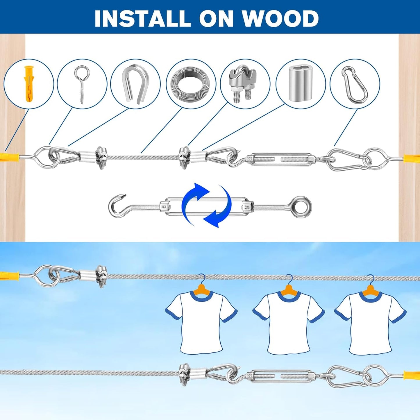 220FT 1/8" Wire Rope Kit - 304 Stainless Steel Cable with Turnbuckles for Cables Wire, Vinyl Coated Hanging Wire for Outdoor String Lights, Camping, Garden Trellis, Hanging Clothes, Pictures, Curtain