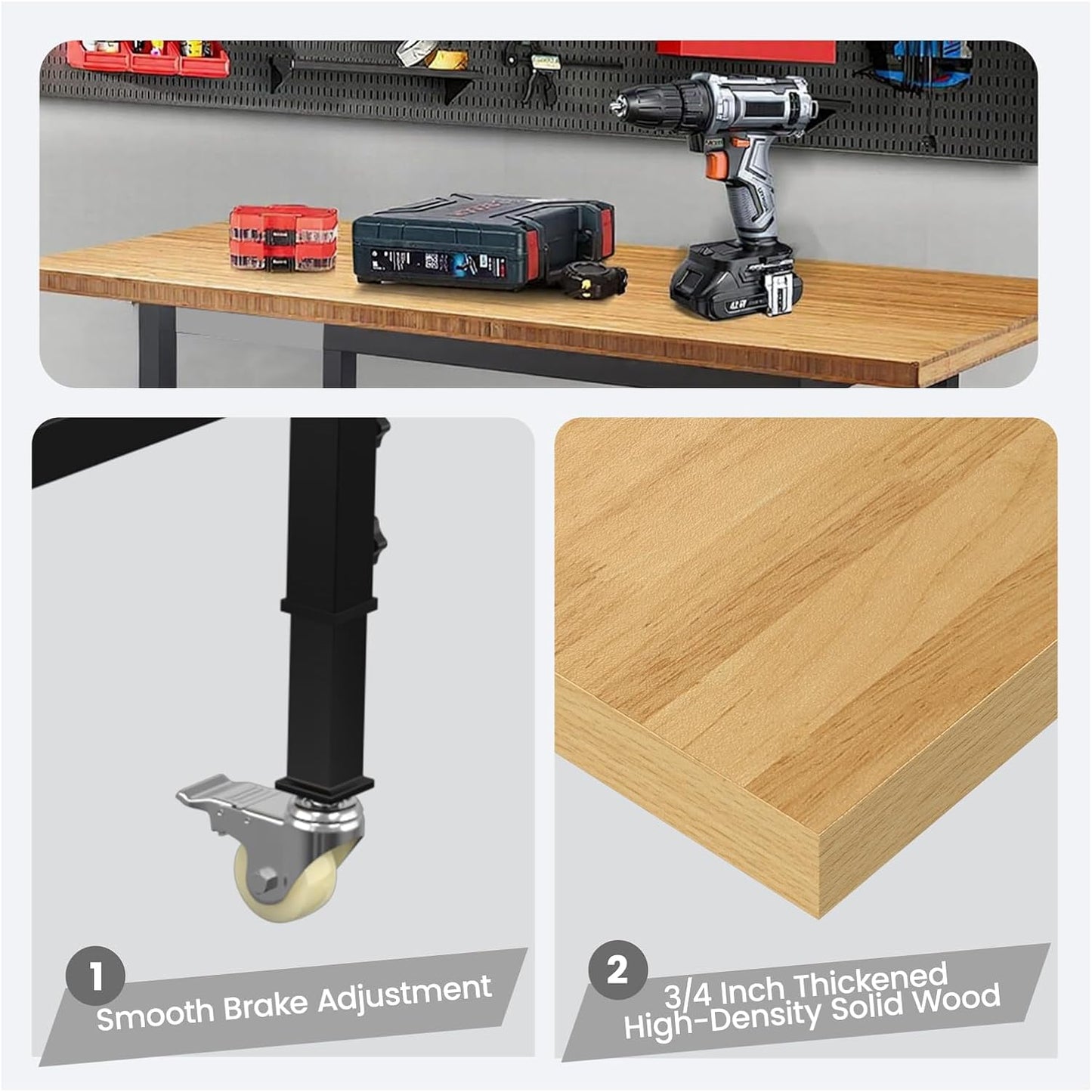 48" Adjustable Workbench,Heavy-Duty Work Table,3000 LBS Load Capacity Hardwood Workstation with Wheels,for Workshop, Garage