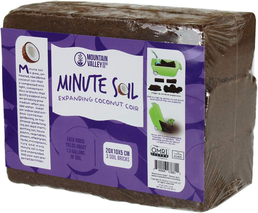 Minute Soil - Compressed Coco Coir Fiber Grow Medium - 3 Bricks = 4.5 Gallons of Potting Soil - Seed Starting, Gardening, House Plants, Flowers, Microgreens, Wheatgrass - Add Water - Peat Free - OMRI