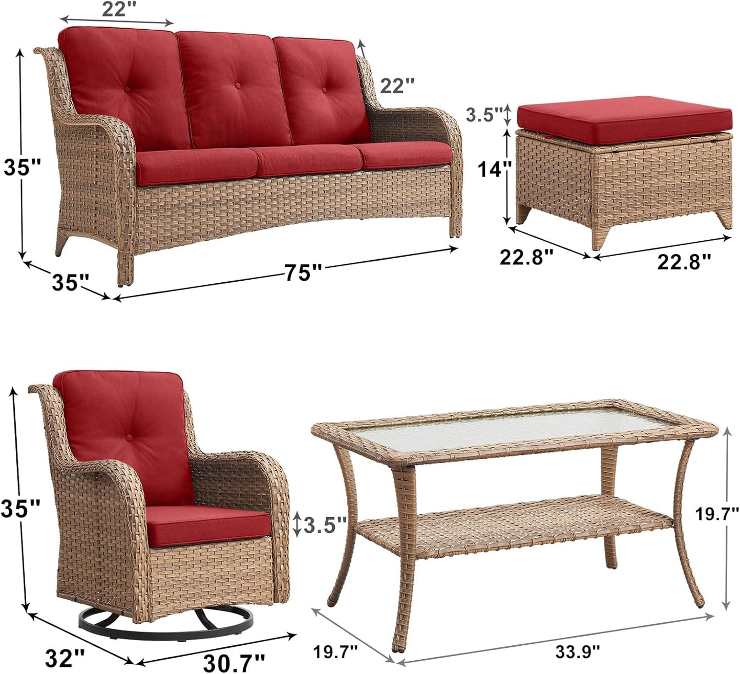 Outdoor Wicker Patio Furniture Set - 6 Piece Rattan Patio Conversation Set with 2 Rocking Swivel Chairs,2 Ottomans,1 Sofa and 1 Coffee Table for Porch Deck Backyard Garden(Yellow/Red)