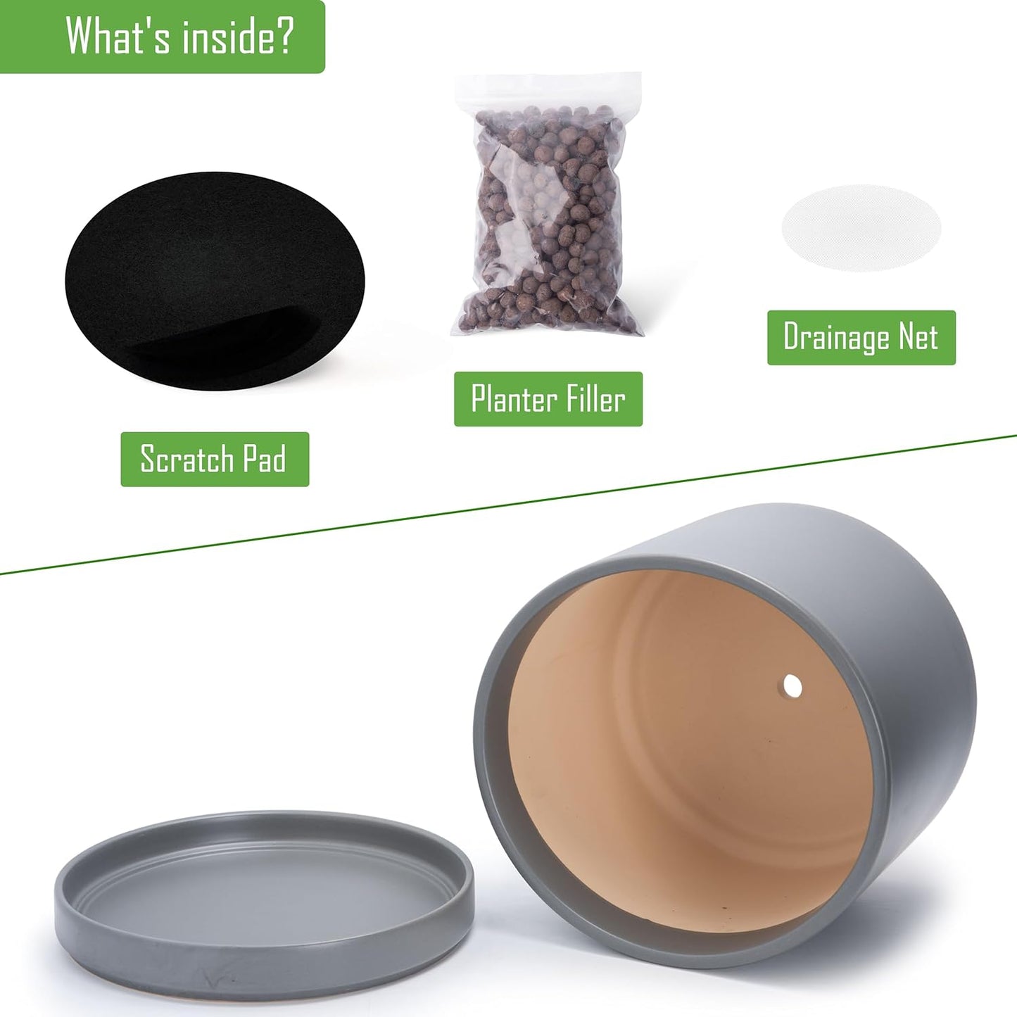 D'vine Dev 14 Inch Ceramic Planter Pot with Drainage Hole and Saucer, Indoor Cylinder Round Planter Pot, Speckled Grey, 94-O-G-3