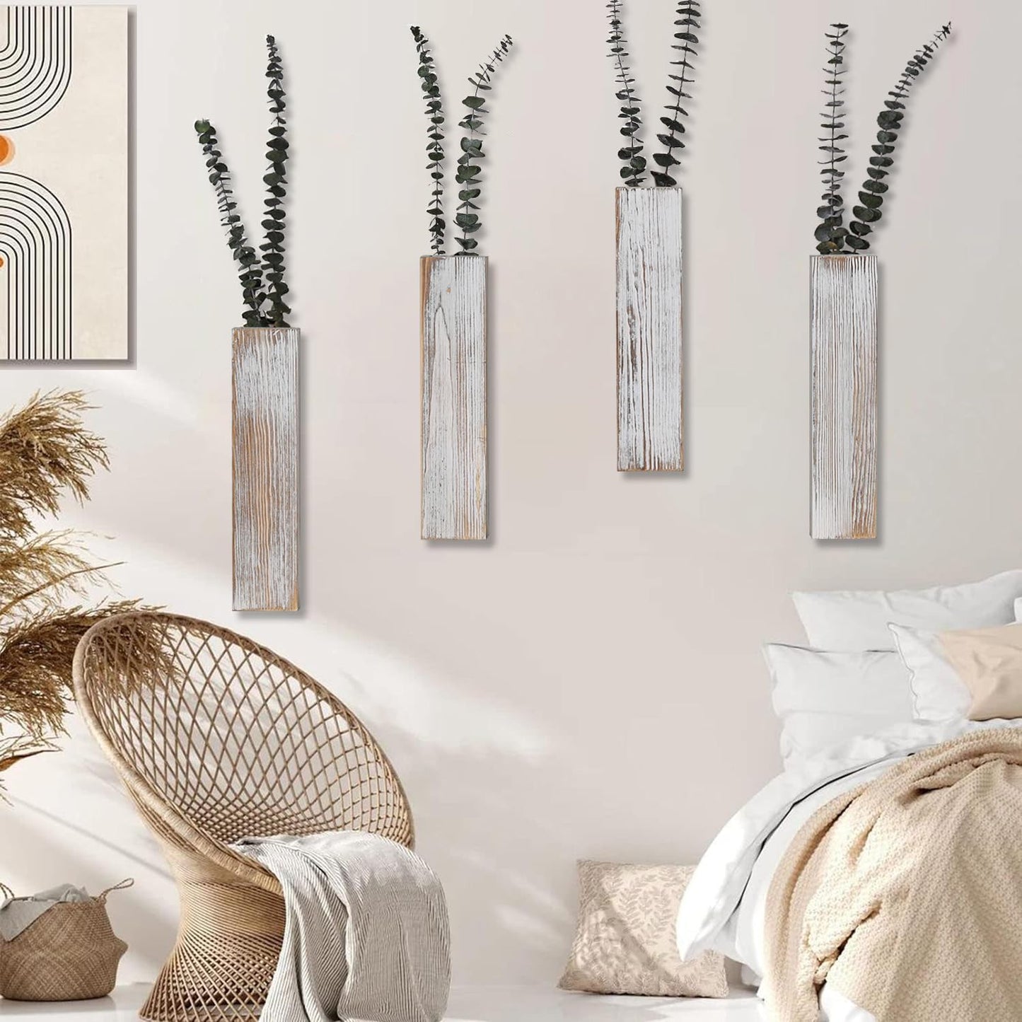 Wooden Wall Planter Set of 4 - Modern Home Decor for Living Room, Bedroom, Bathroom - Vintage Finish Planter for Dried Flowers, Faux Greenery, Indoor Plants