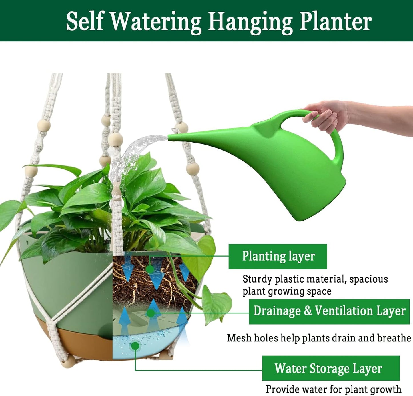 Hanging Planter Self Watering 10 Inch, 2 Pack Indoor Outdoor Hanging Baskets, Hanging Flower Pots with Drainage Hole & 2 Kinds of Plant Hangers for Garden Home Decor(Green)…