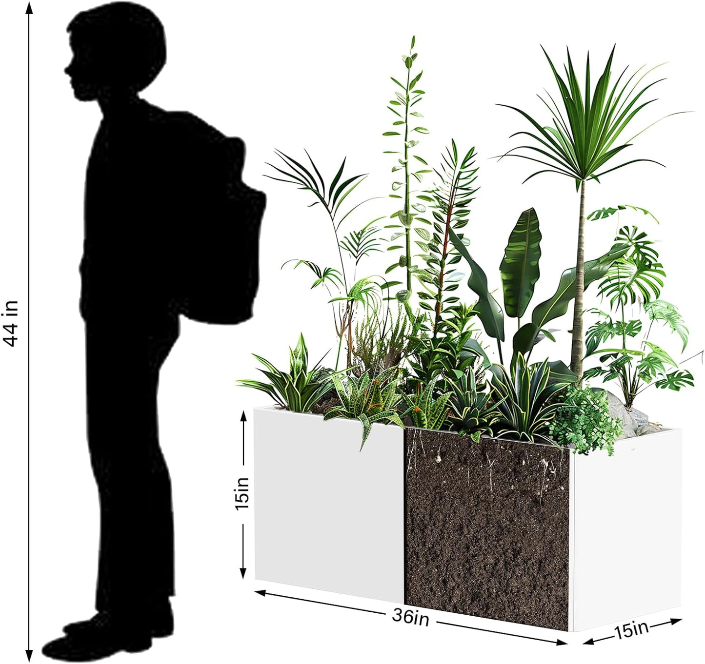 Outdoor Metal Planter Box - Heavy-Duty Rectangular Trough, All-Weather Rust-Resistant Design with 6 Drainage Holes | Large 36x15x15 Inch for Patio, Porch & Garden, White