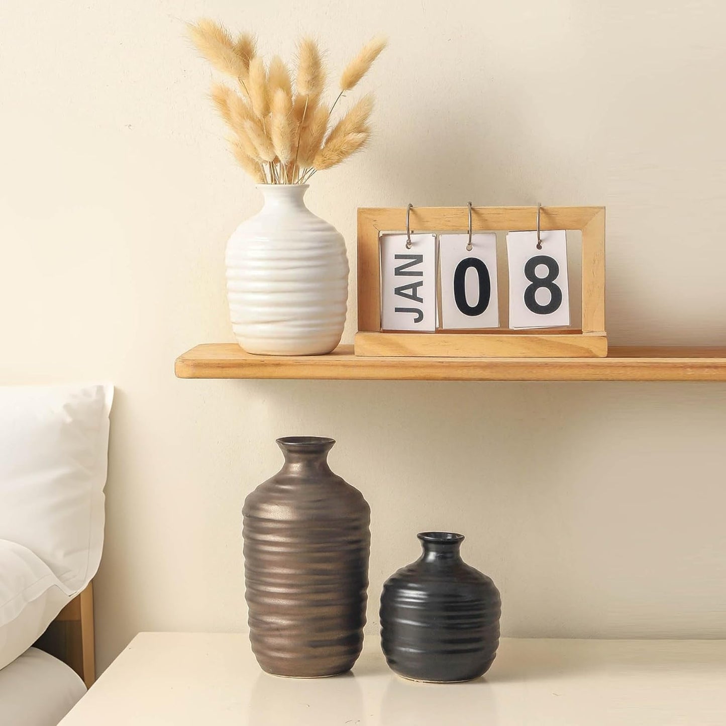 Ceramic Vase Set of 3 Decorative Vase for Home Decor Modern Farmhouse Decor Pottery Neutral Vases for Living Room Bathroom Table Mantel Fireplace Entryway Shelf (02-Metallic)