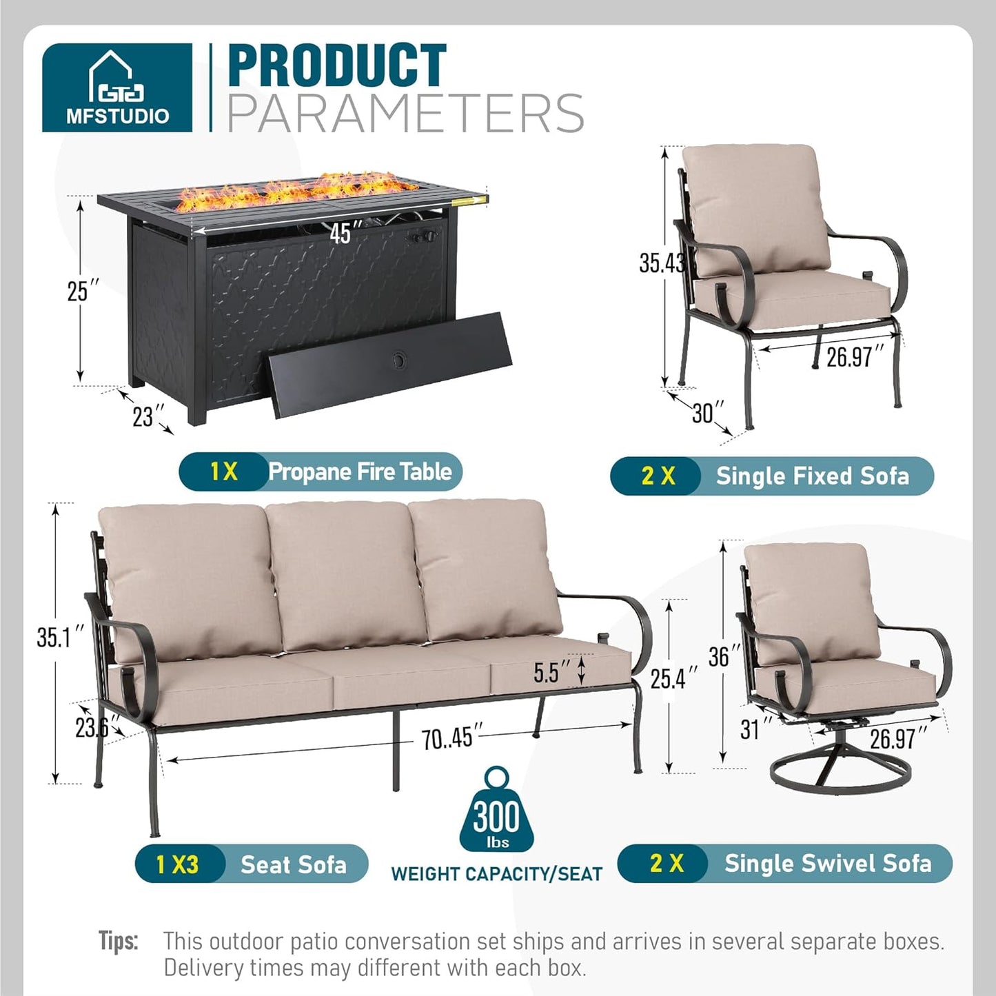MFSTUDIO 7 Seats Metal Patio Furniture Sets, 6 Pieces Outdoor Sectional Sofa Conversation Set with 2 x Swivel Chairs, 2 x Fixed Chairs, 1 x 3-seat Sofa and 1 x 45 inches Rectangular Fire Pit Table